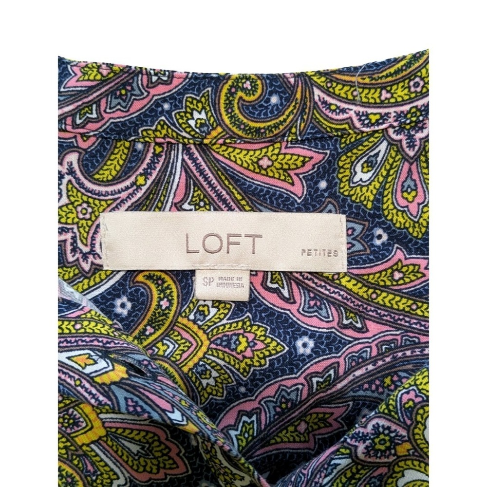 LOFT paisley yellow and blue button-down blouse Size SP Petite Long Sleeve - Picture 3 of 9